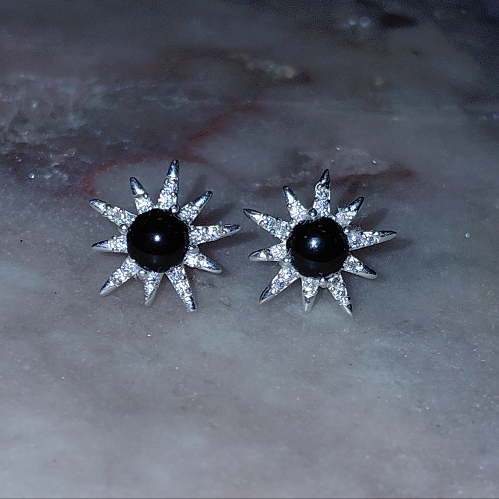 Dainty Black Onyx And CZ Silver Star Earrings